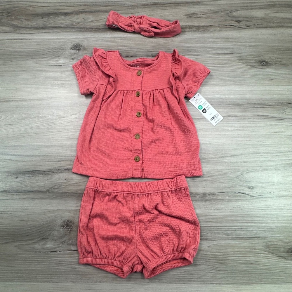 Carters Baby Girl 18M 3-Piece Coral Pink Ruffle Top Bloomers Headband Set NWT